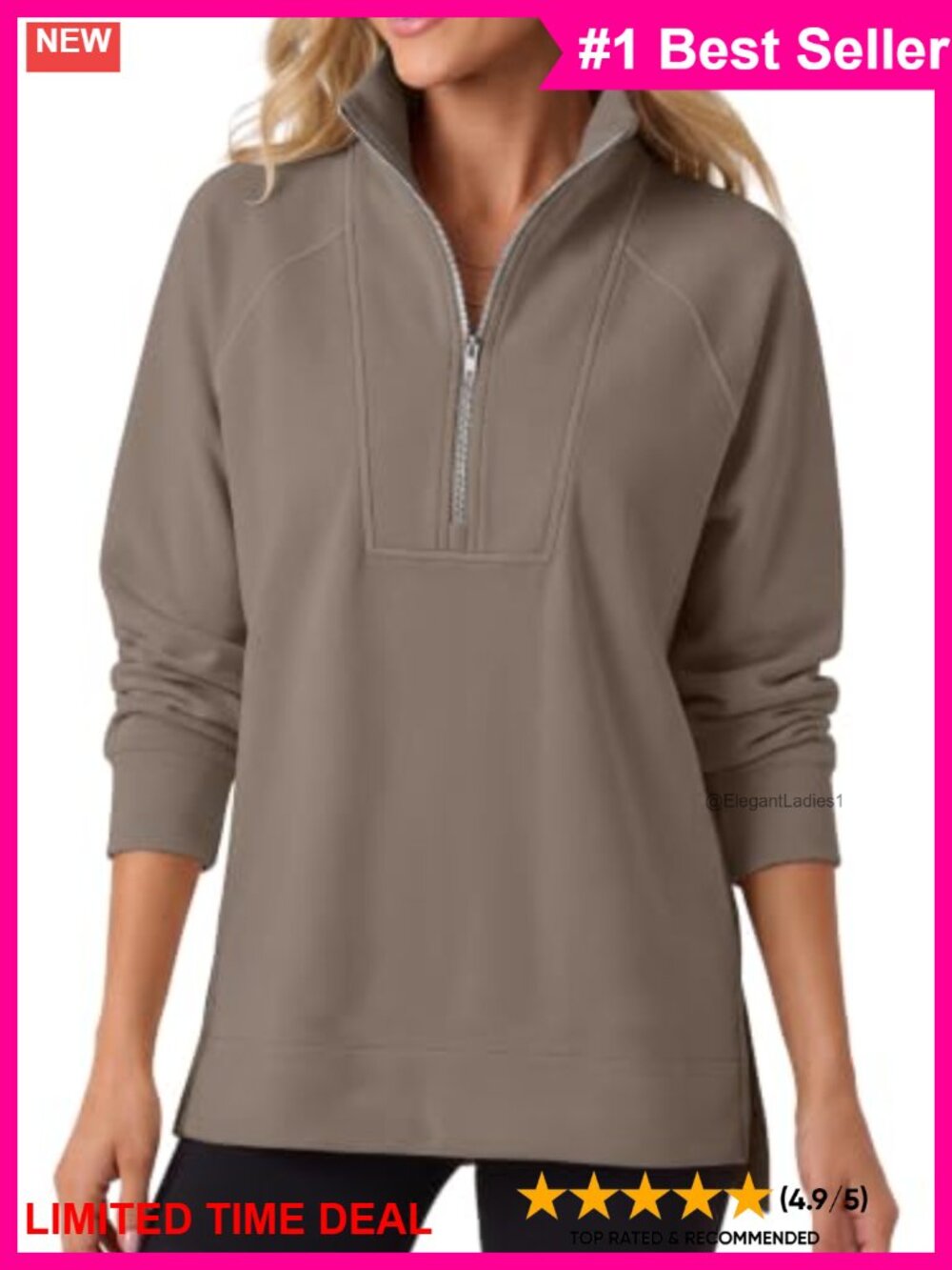 Loose Fit Half Zip Fleece Pullover Sweatshirt Stand Collar High Low Hem